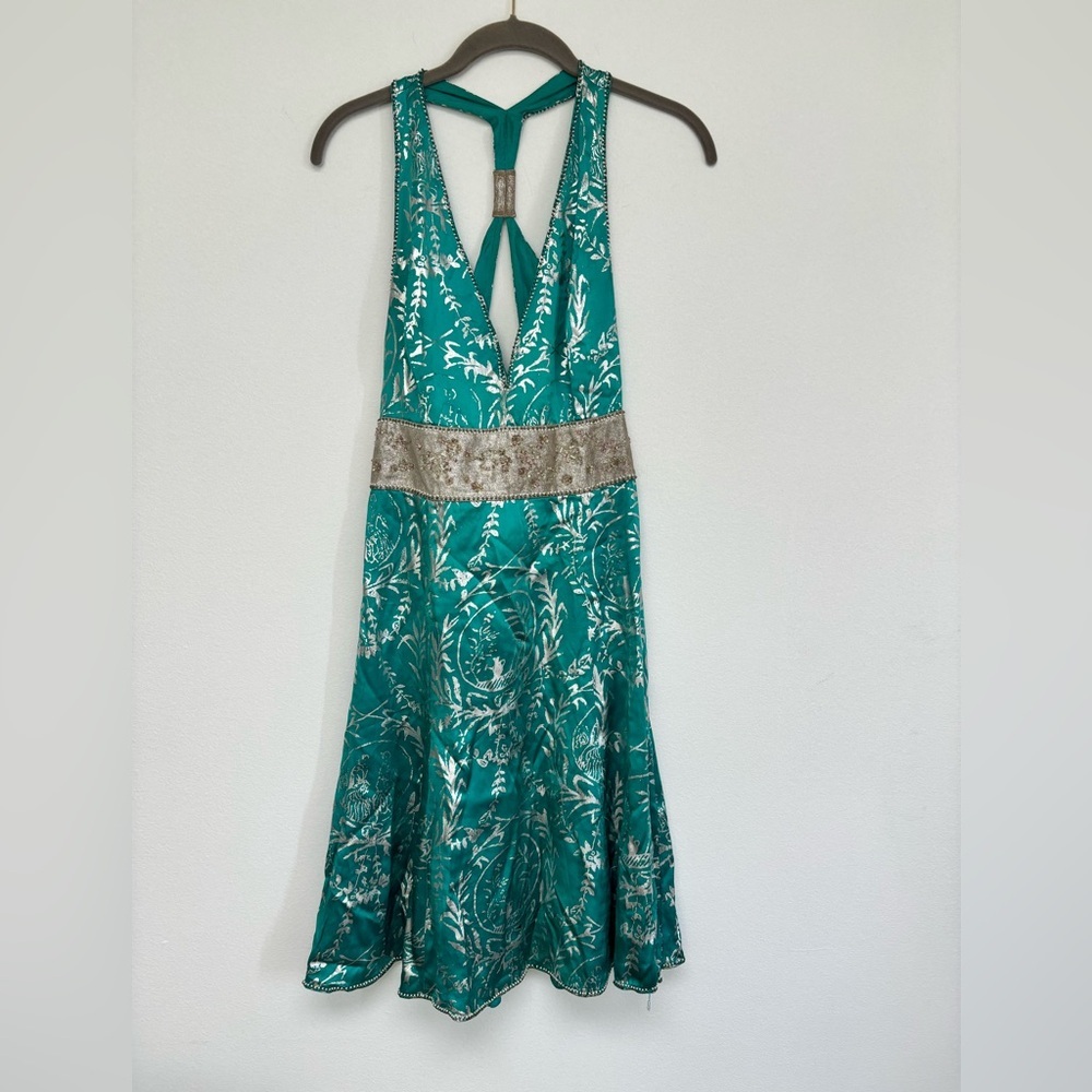 Marciano Teal and Silver Floral Prom Dress